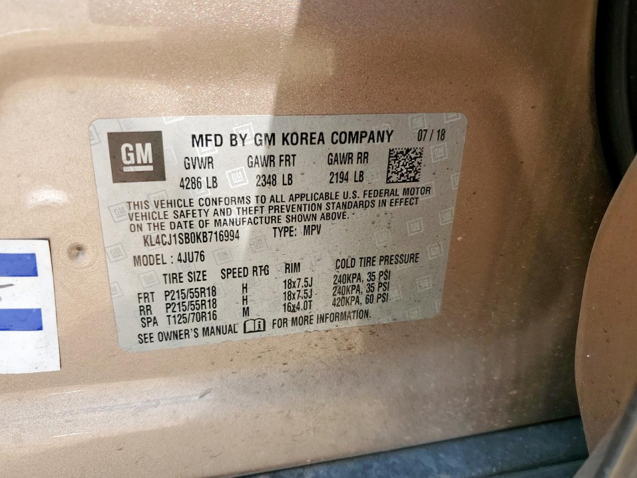 2019 Buick Encore Sport Touring VIN: KL4CJ1SB0KB716994 Lot: 71849115