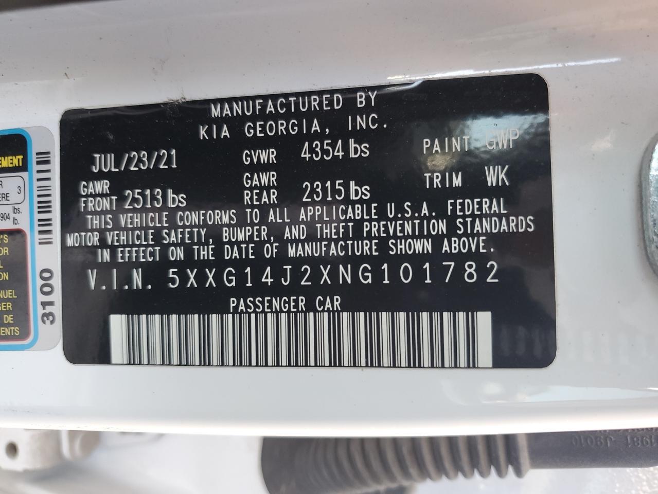 2022 Kia K5 Lxs VIN: 5XXG14J2XNG101782 Lot: 80327545