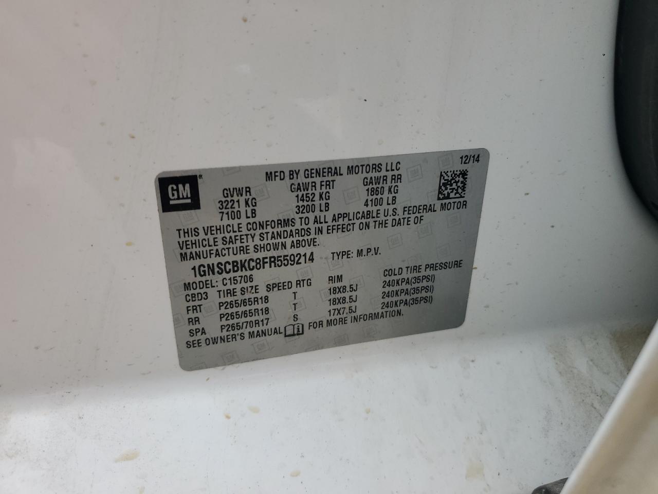 2015 Chevrolet Tahoe C1500 Lt VIN: 1GNSCBKC8FR559214 Lot: 71631815