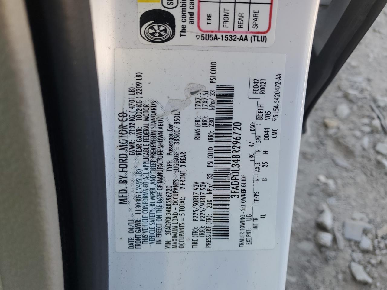 2011 Ford Fusion Hybrid VIN: 3FADP0L34BR296720 Lot: 80366165