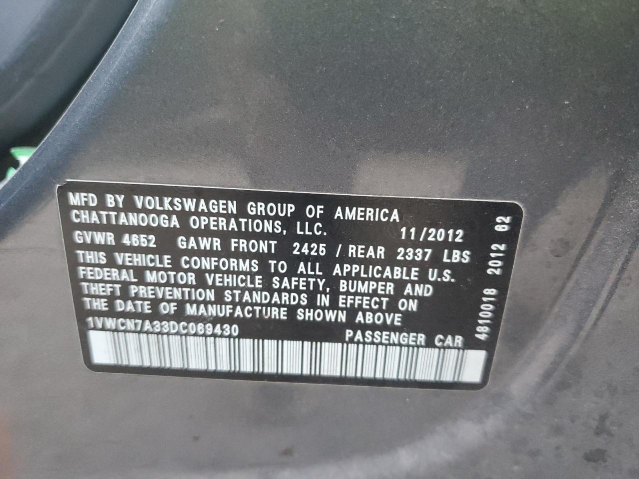 2013 Volkswagen Passat Sel VIN: 1VWCN7A33DC069430 Lot: 80822425