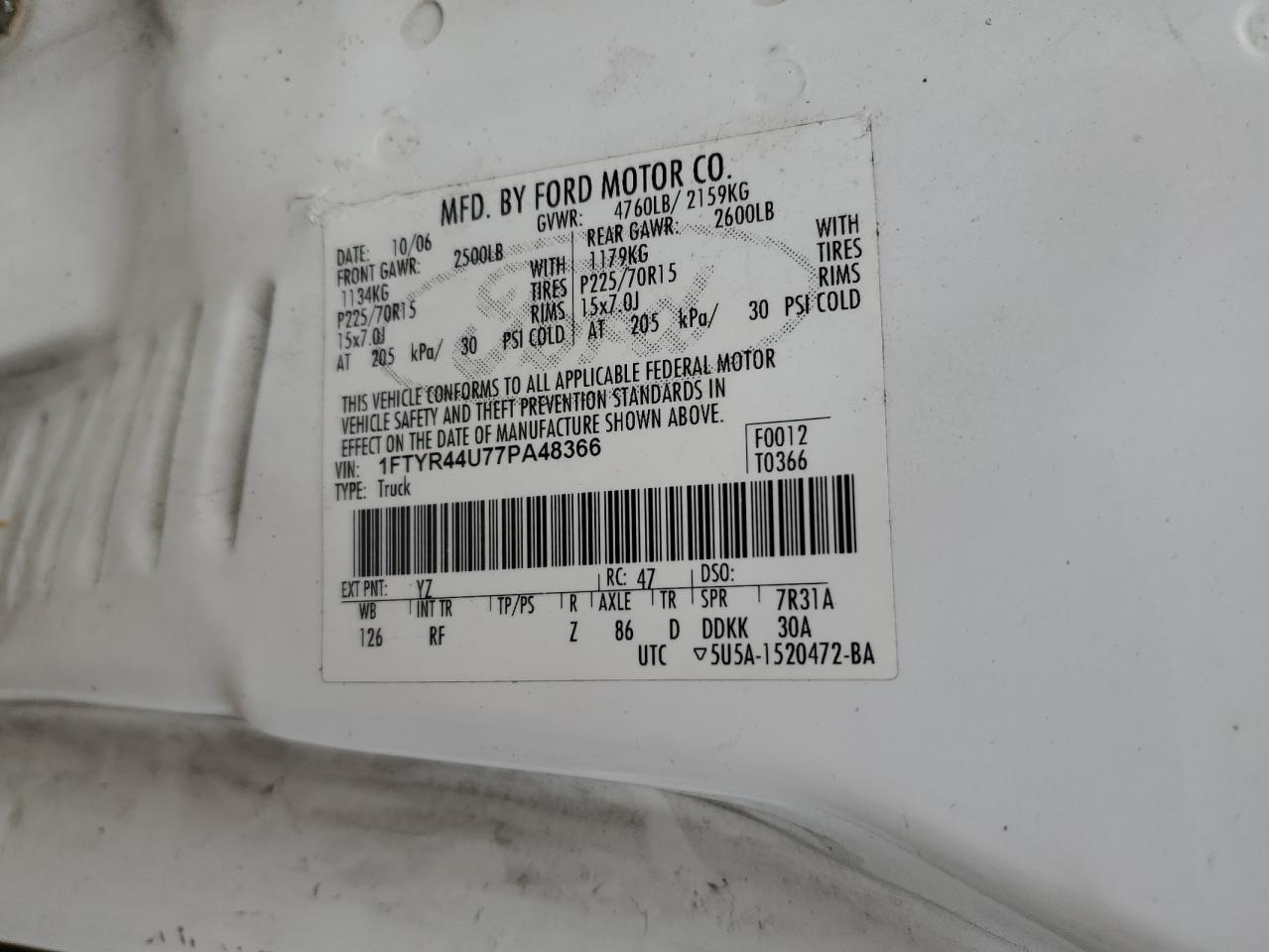 2007 Ford Ranger Super Cab VIN: 1FTYR44U77PA48366 Lot: 81717635