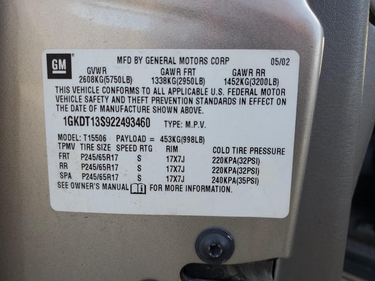 2002 GMC Envoy VIN: 1GKDT13S922493460 Lot: 80269445