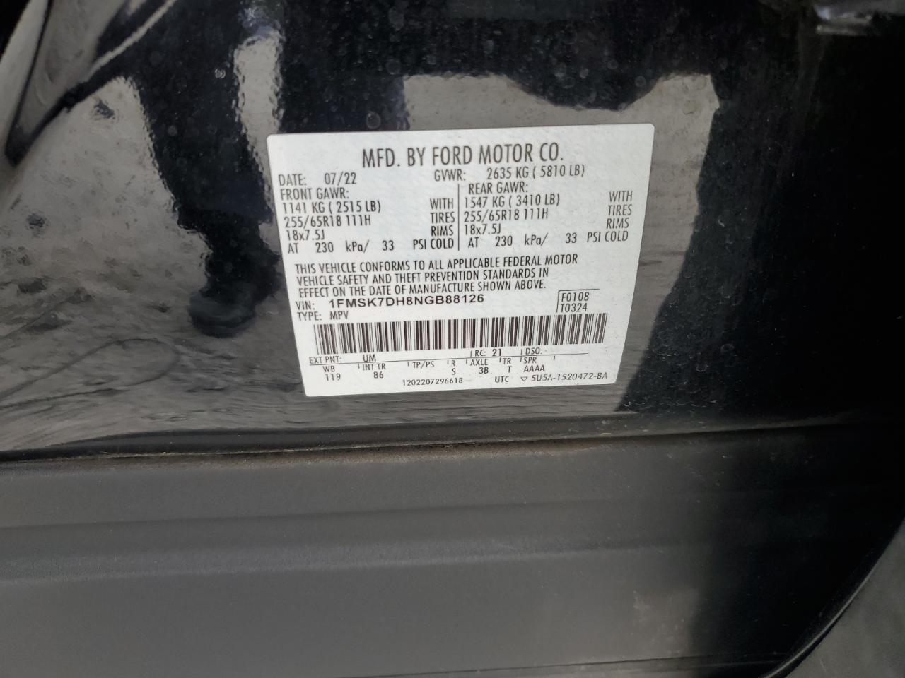 2022 Ford Explorer Xlt VIN: 1FMSK7DH8NGB88126 Lot: 80529655