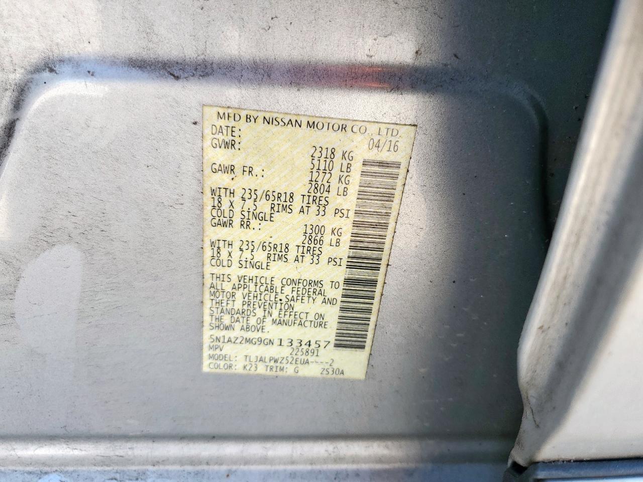 2016 Nissan Murano S VIN: 5N1AZ2MG9GN133457 Lot: 80611225