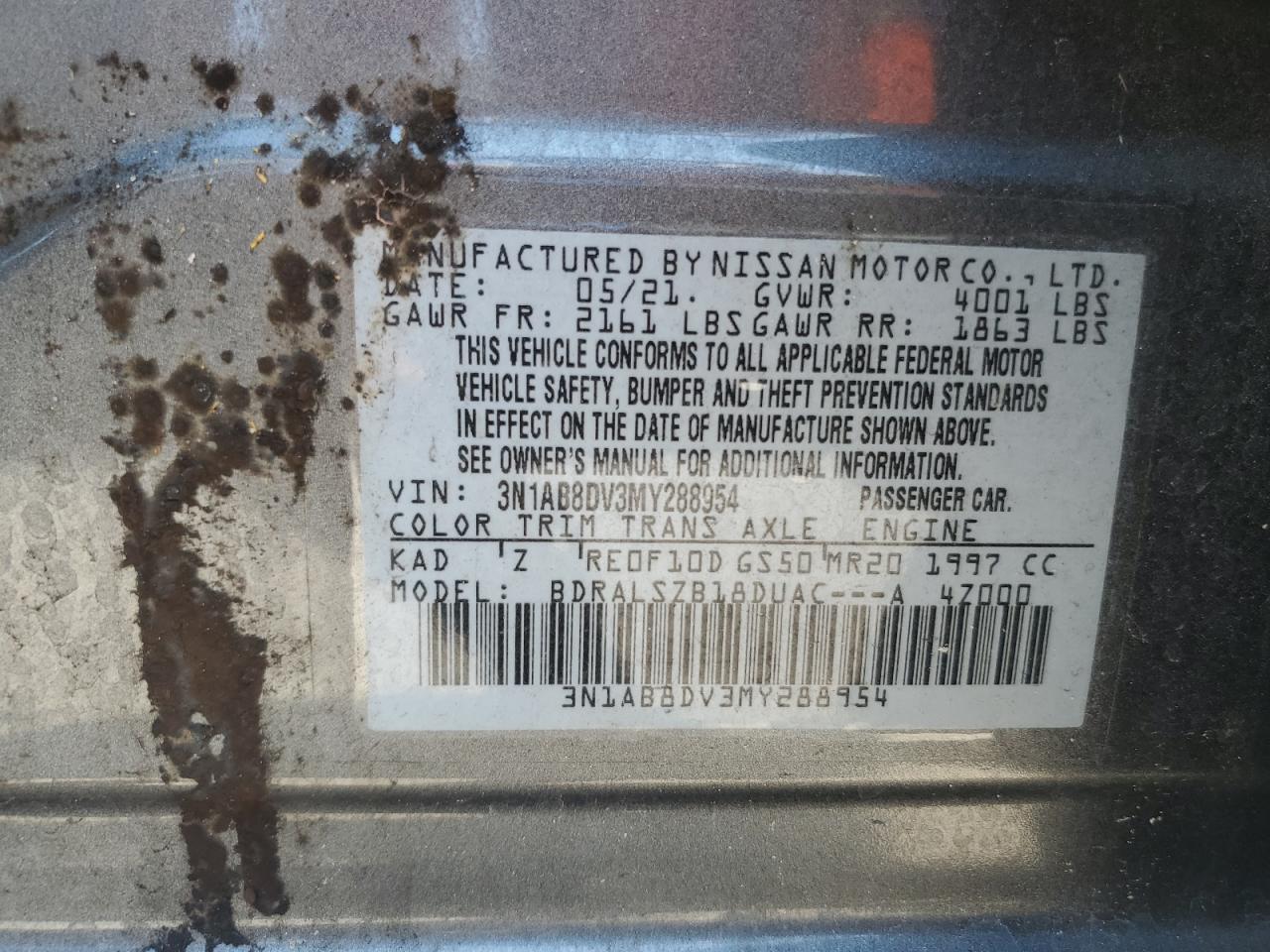 2021 Nissan Sentra Sr VIN: 3N1AB8DV3MY288954 Lot: 80657505