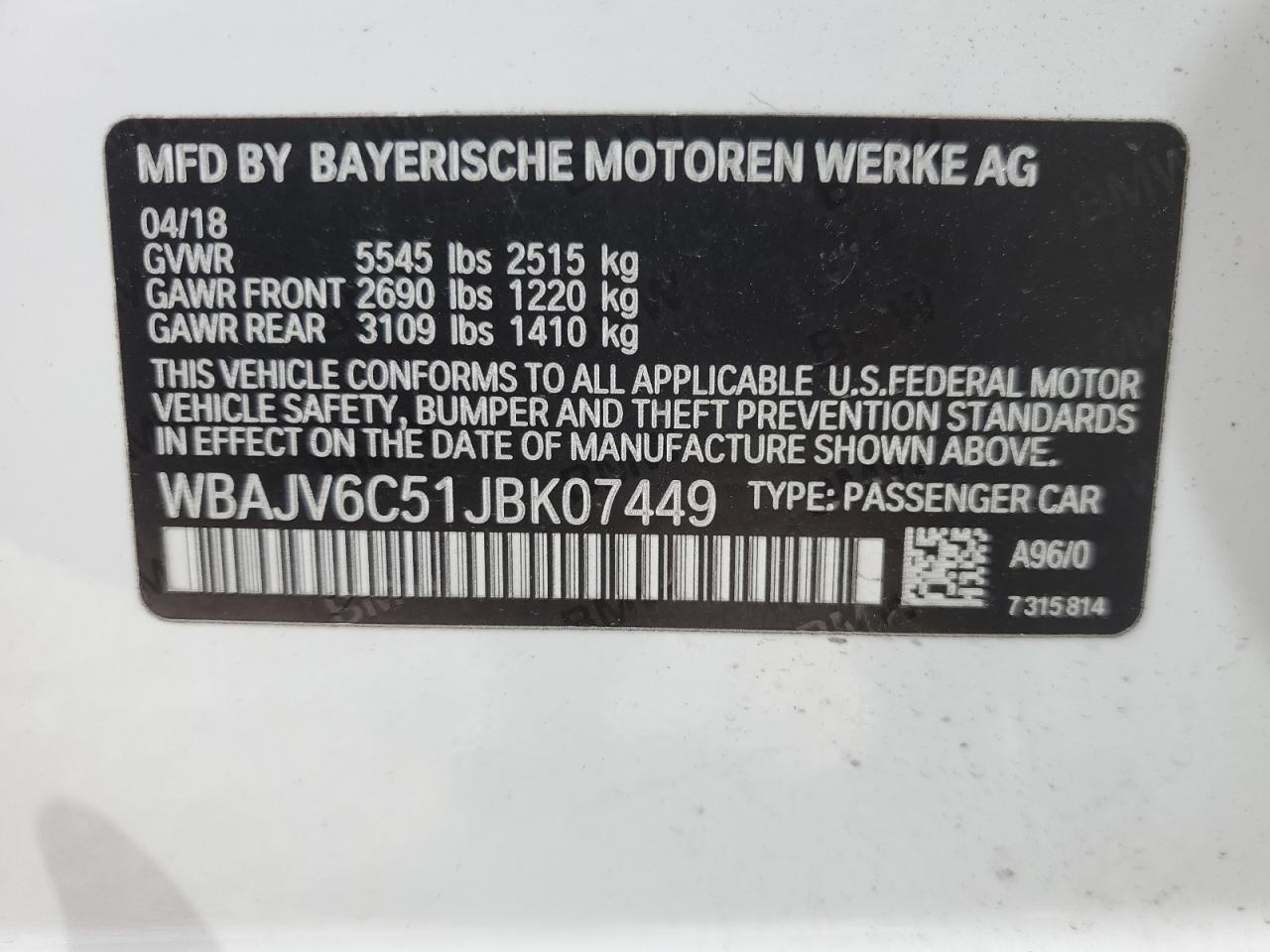 2018 BMW 640 Xigt VIN: WBAJV6C51JBK07449 Lot: 84361965