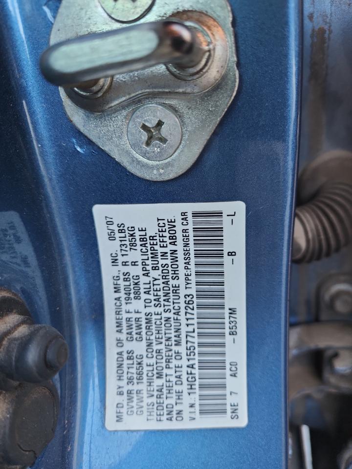 2007 Honda Civic Lx VIN: 1HGFA15577L117263 Lot: 81915955