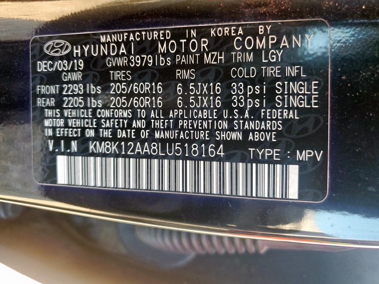 2020 Hyundai Kona Se VIN: KM8K12AA8LU518164 Lot: 71189685