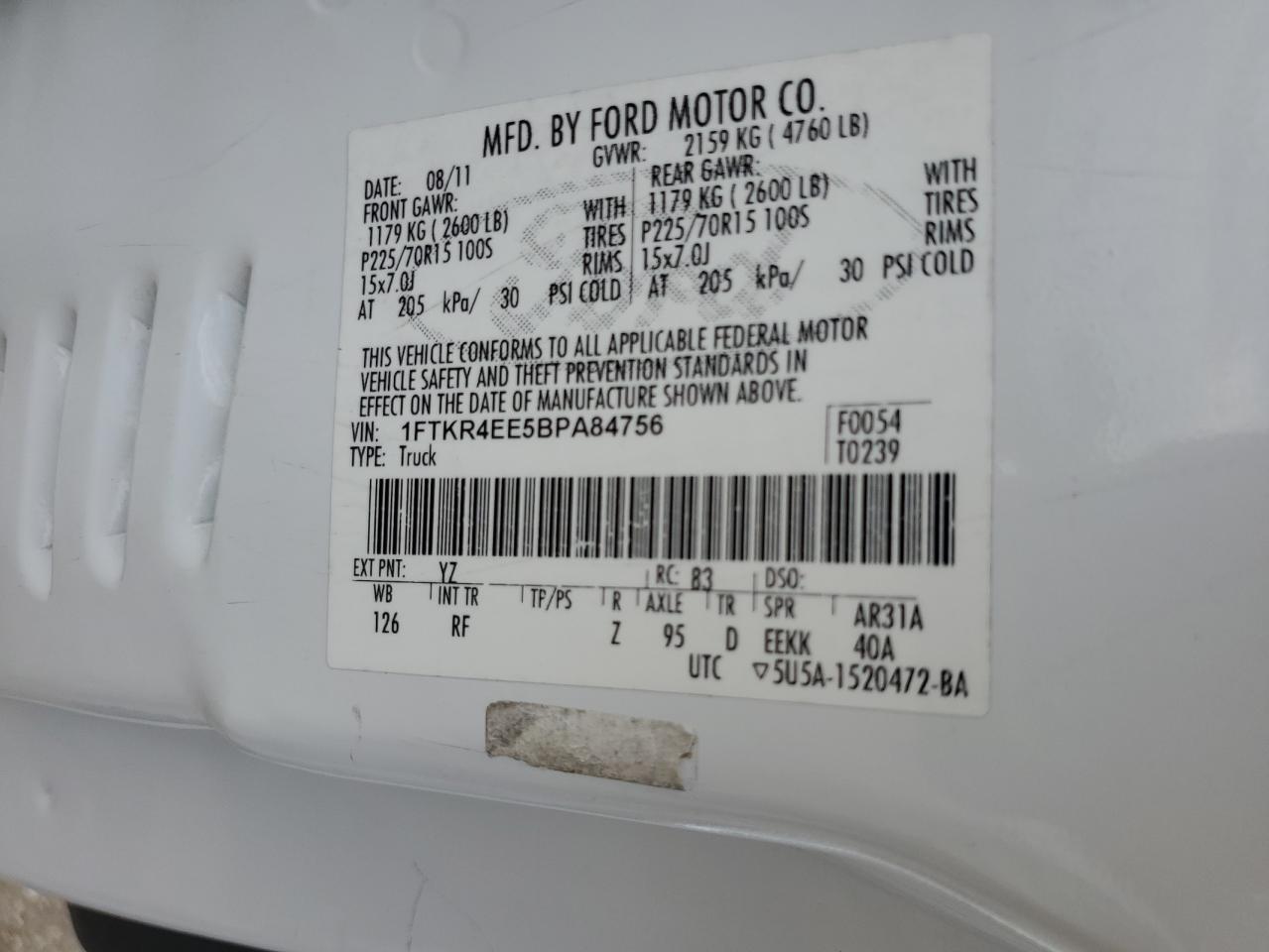 2011 Ford Ranger Super Cab VIN: 1FTKR4EE5BPA84756 Lot: 84753945