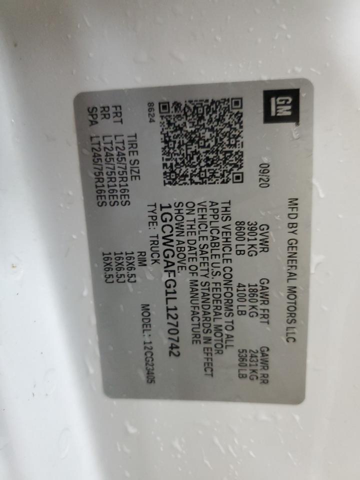 2020 Chevrolet Express G2500 VIN: 1GCWGAFG1L1270742 Lot: 80889865