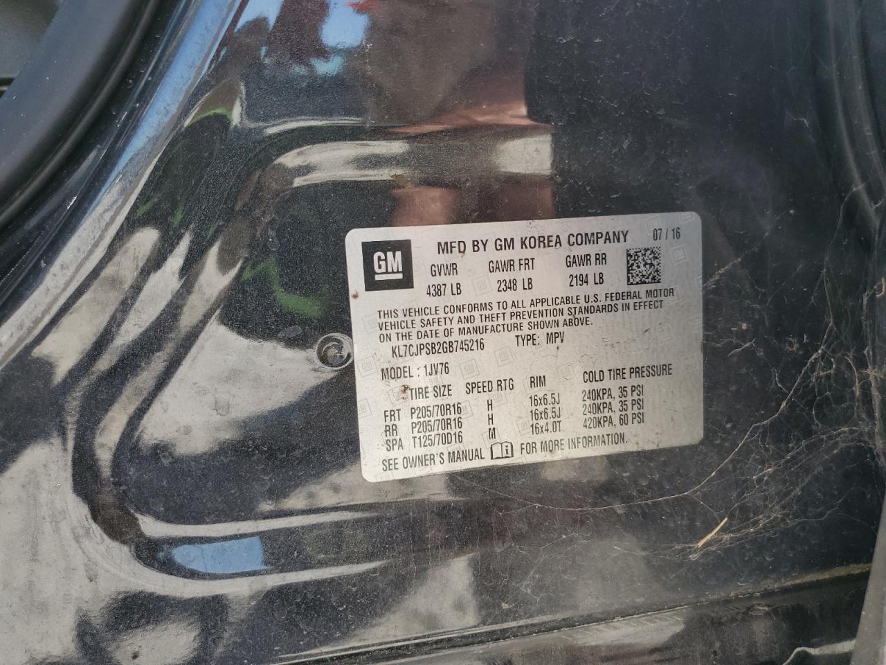 2016 Chevrolet Trax 1Lt VIN: KL7CJPSB2GB745216 Lot: 80621325