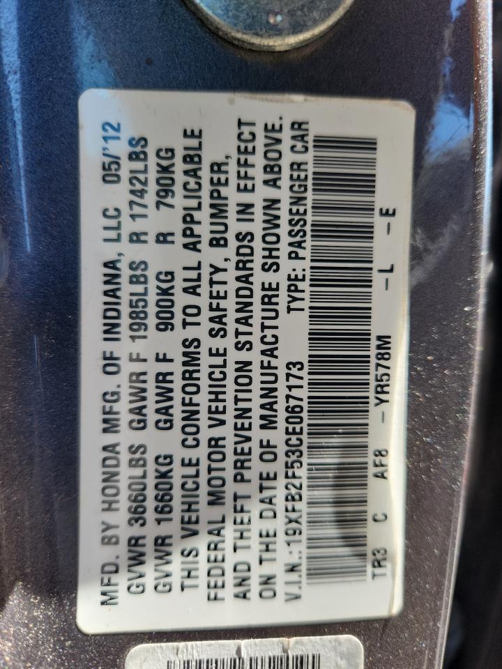 2012 Honda Civic Lx VIN: 19XFB2F53CE067173 Lot: 71993735