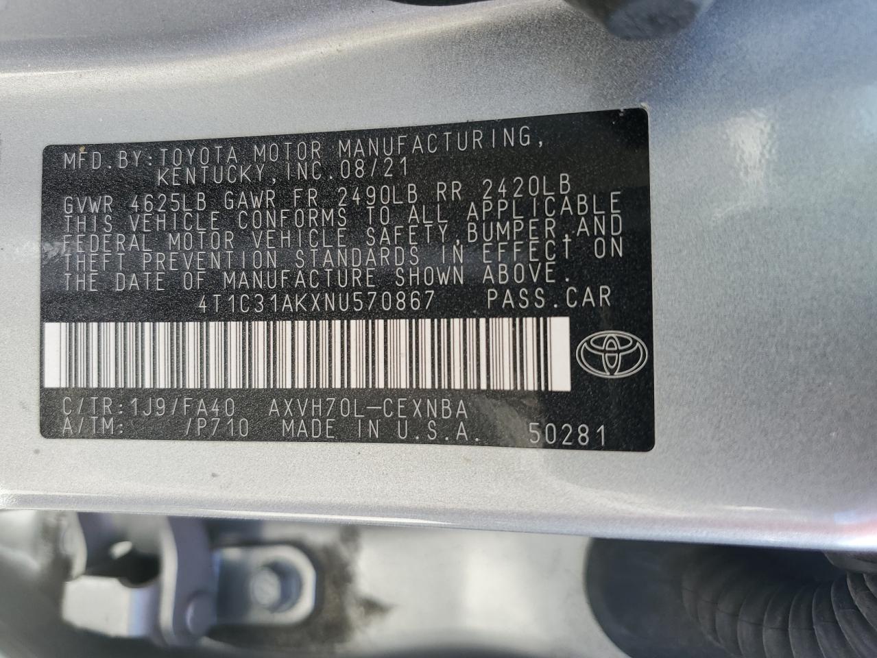 2022 Toyota Camry Le VIN: 4T1C31AKXNU570867 Lot: 81447885