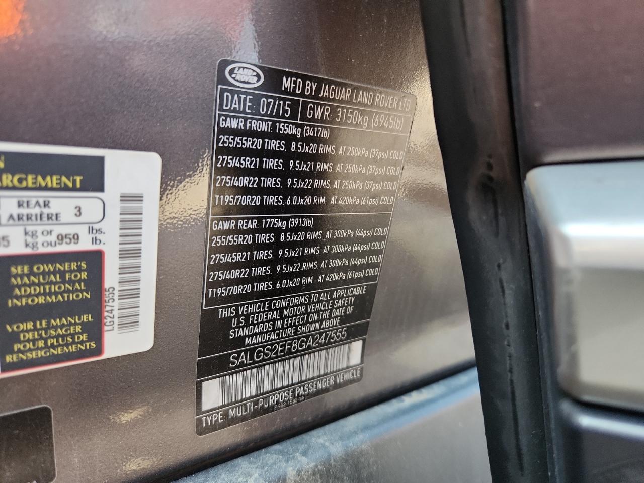 2016 Land Rover Range Rover Supercharged VIN: SALGS2EF8GA247555 Lot: 71392065