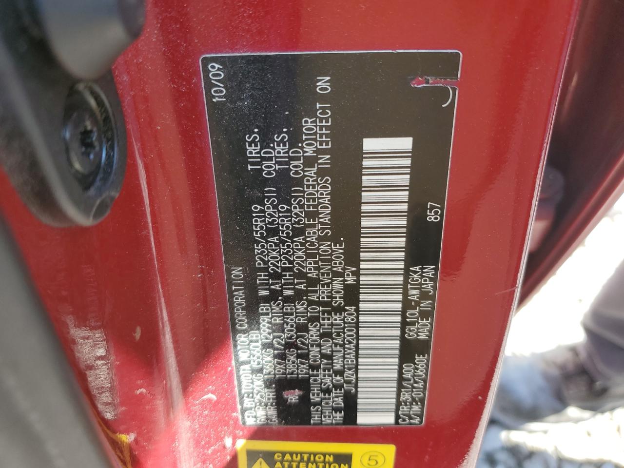 2010 Lexus Rx 350 VIN: JTJZK1BAXA2001804 Lot: 71998795