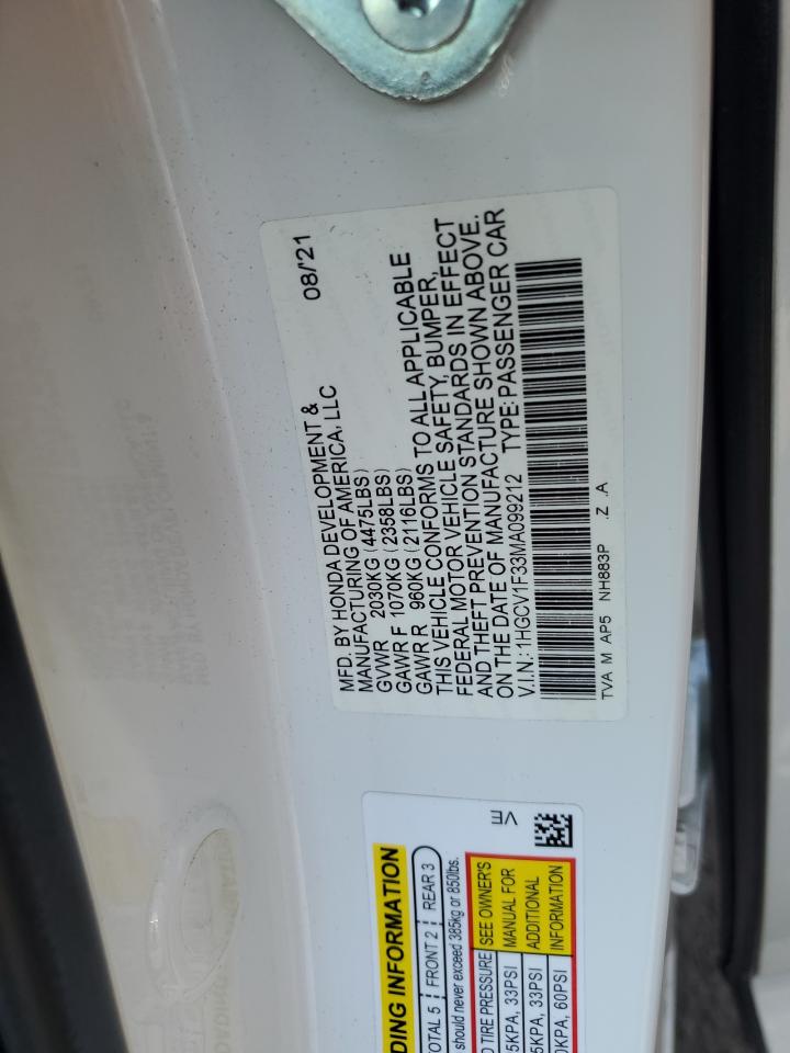 2021 Honda Accord Sport VIN: 1HGCV1F33MA099212 Lot: 72028505