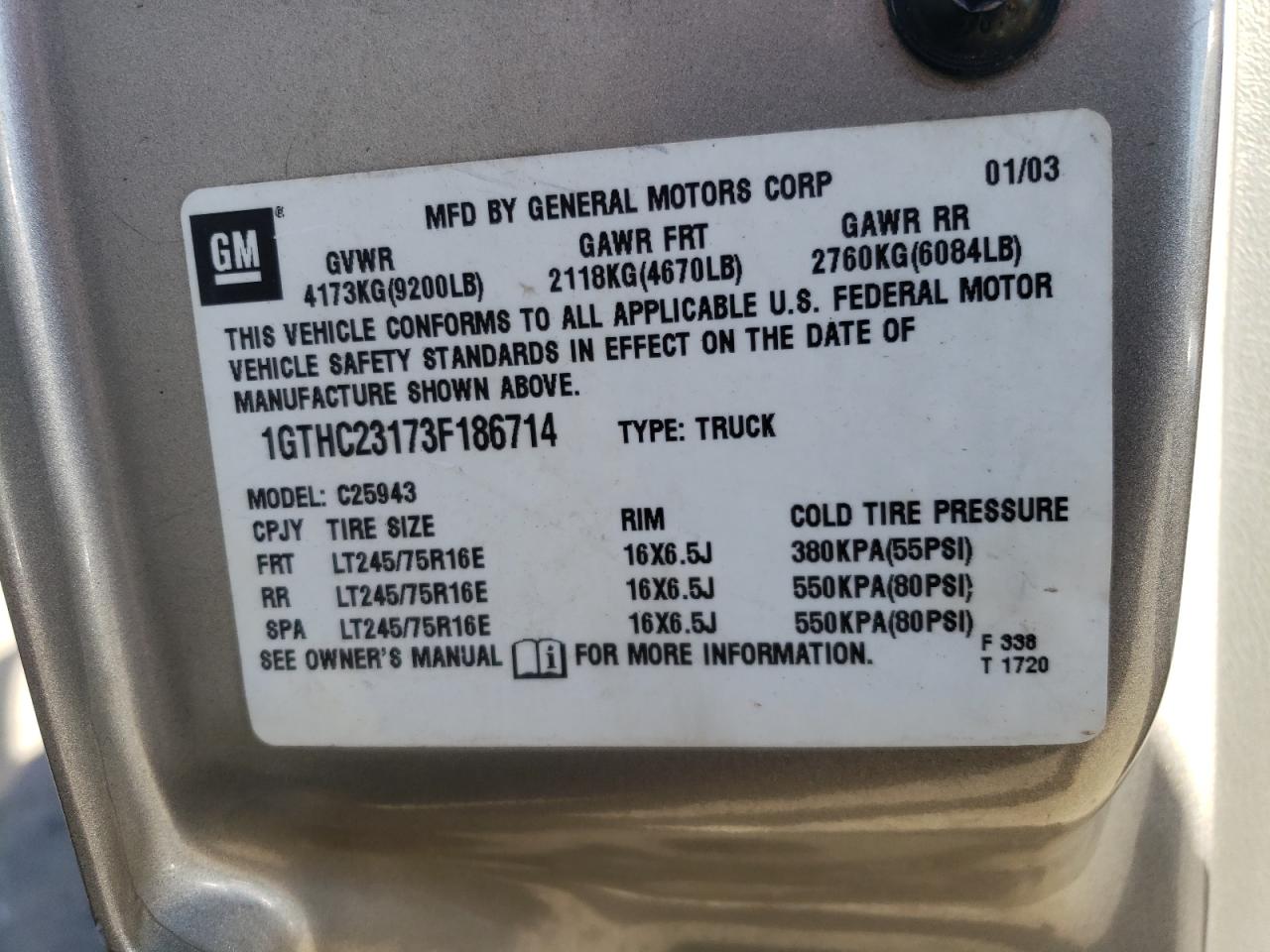 2003 GMC Sierra C2500 Heavy Duty VIN: 1GTHC23173F186714 Lot: 84046315