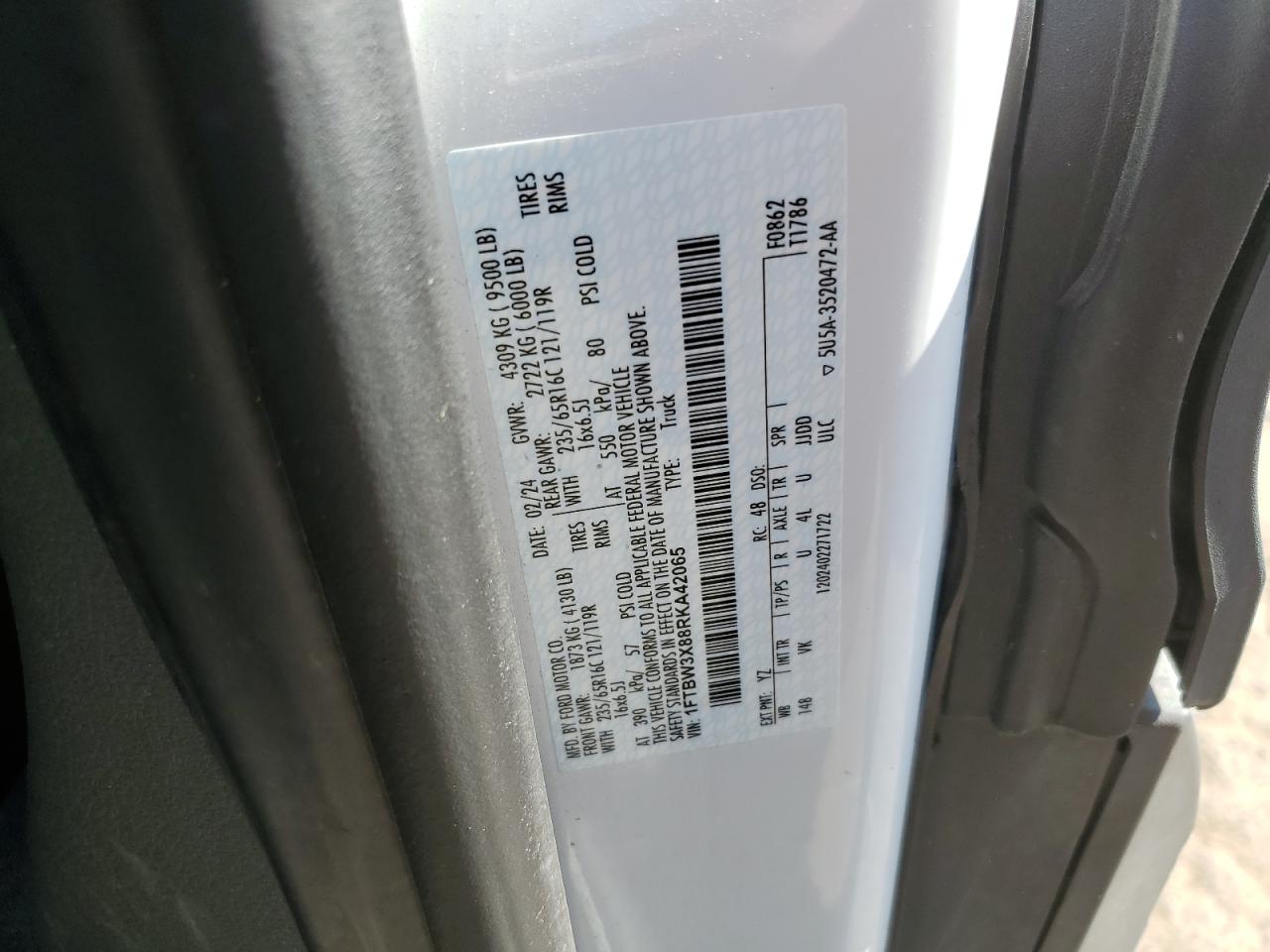 2024 Ford Transit T-350 VIN: 1FTBW3X88RKA42065 Lot: 80179025