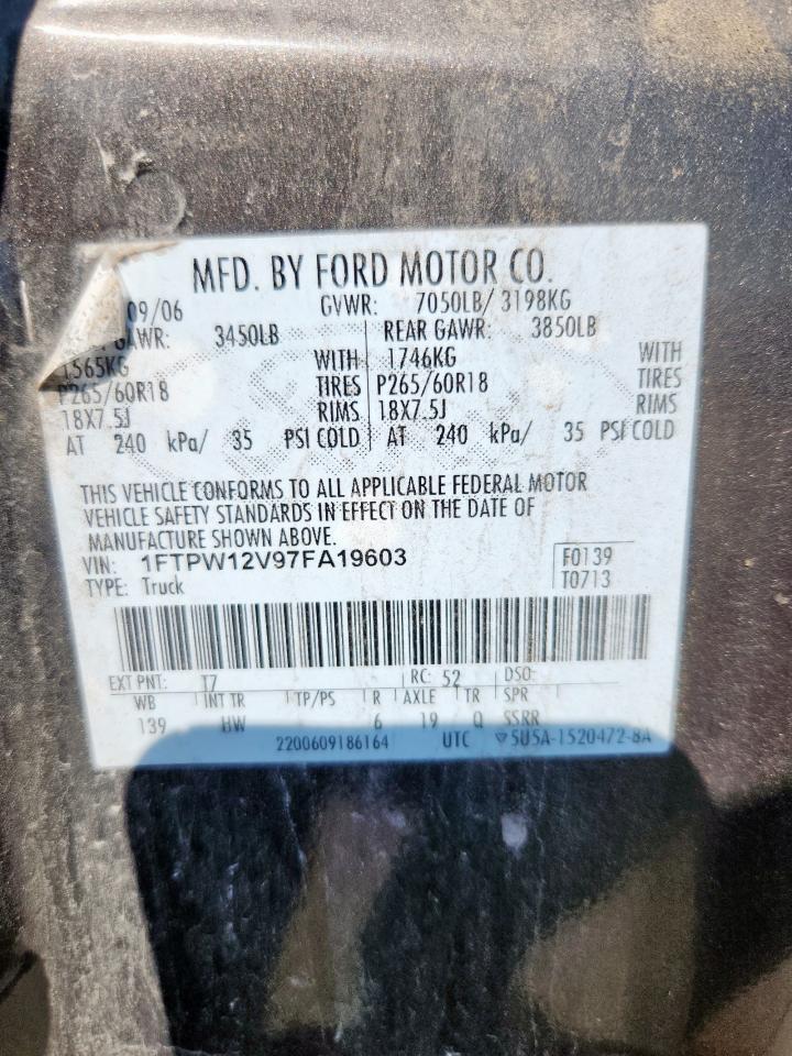 2007 Ford F150 Supercrew VIN: 1FTPW12V97FA19603 Lot: 80511855