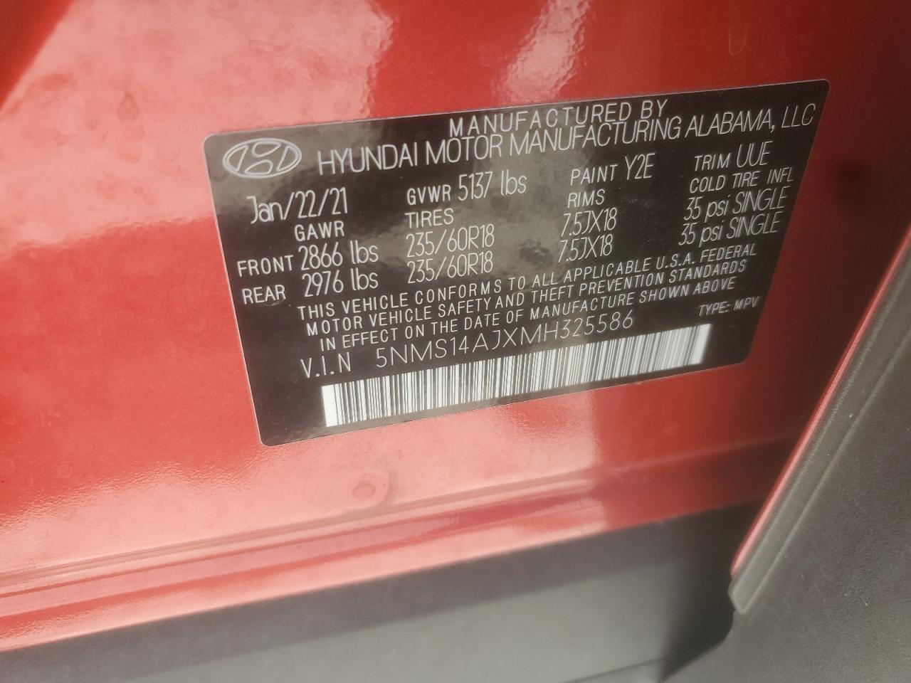 2021 Hyundai Santa Fe Se VIN: 5NMS14AJXMH325586 Lot: 83806565