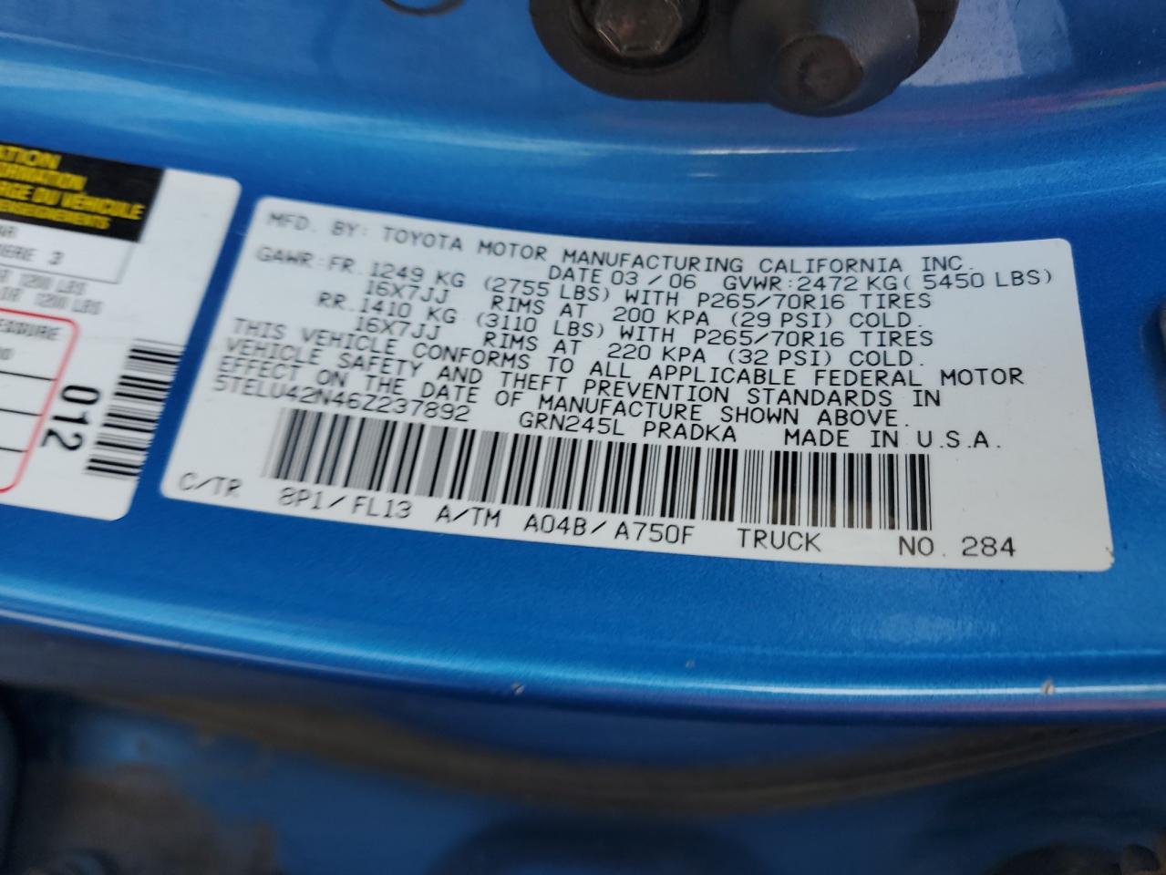 2006 Toyota Tacoma Double Cab VIN: 5TELU42N46Z237892 Lot: 81432325