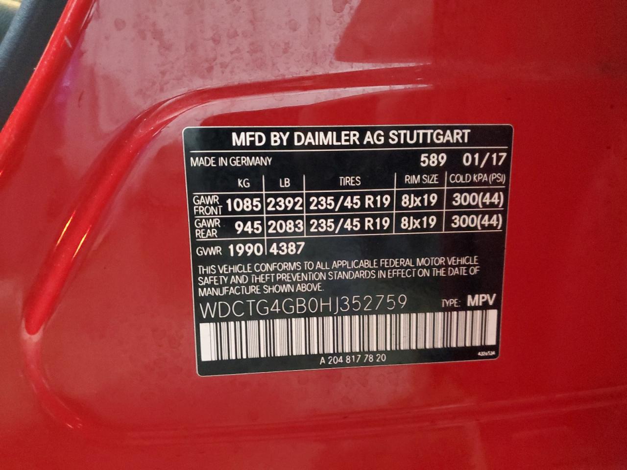 2017 Mercedes-Benz Gla 250 4Matic VIN: WDCTG4GB0HJ352759 Lot: 80919335