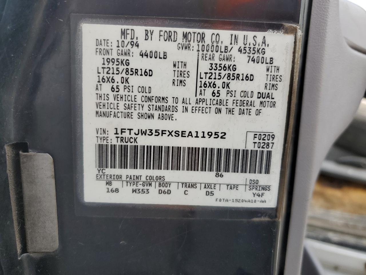 1995 Ford F350 VIN: 1FTJW35FXSEA11952 Lot: 81600895