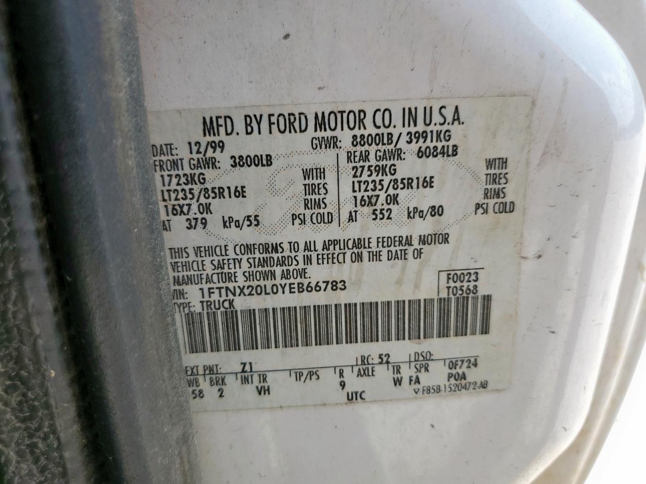 2000 Ford F250 Super Duty VIN: 1FTNX20L0YEB66783 Lot: 71701795