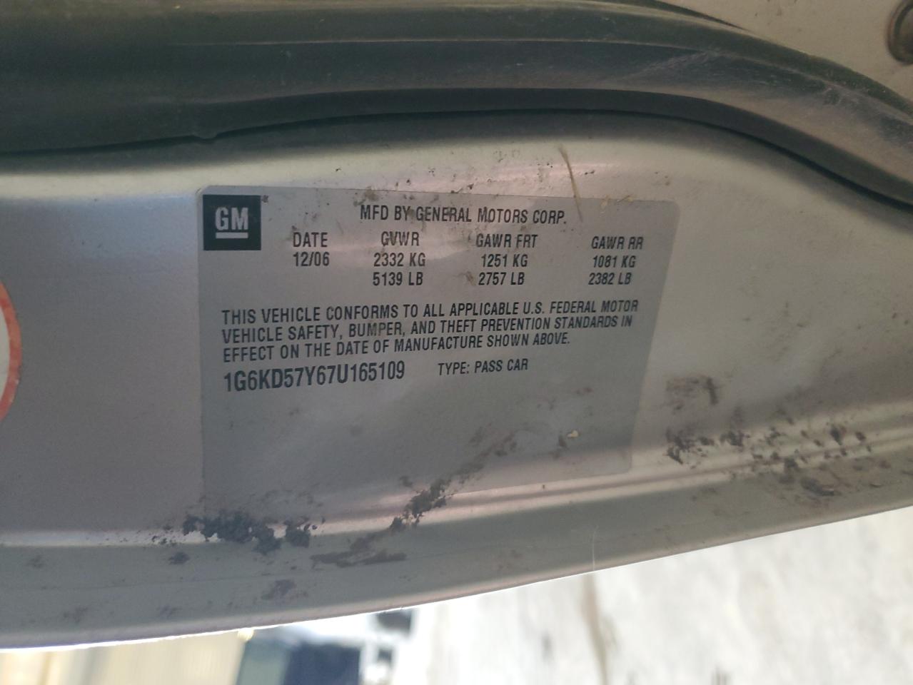 2007 Cadillac Dts VIN: 1G6KD57Y67U165109 Lot: 80019205