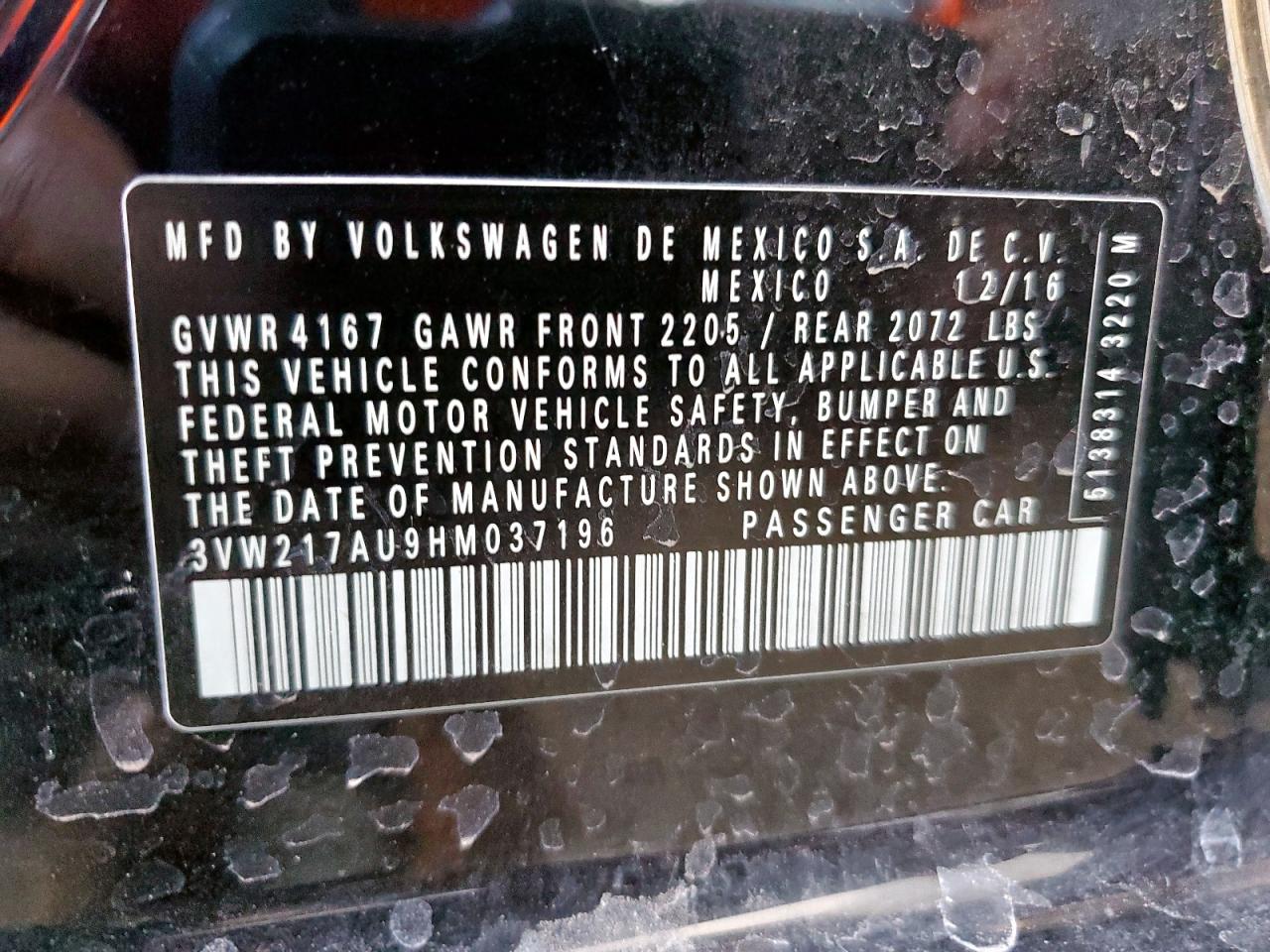 2017 Volkswagen Golf S VIN: 3VW217AU9HM037196 Lot: 81821785