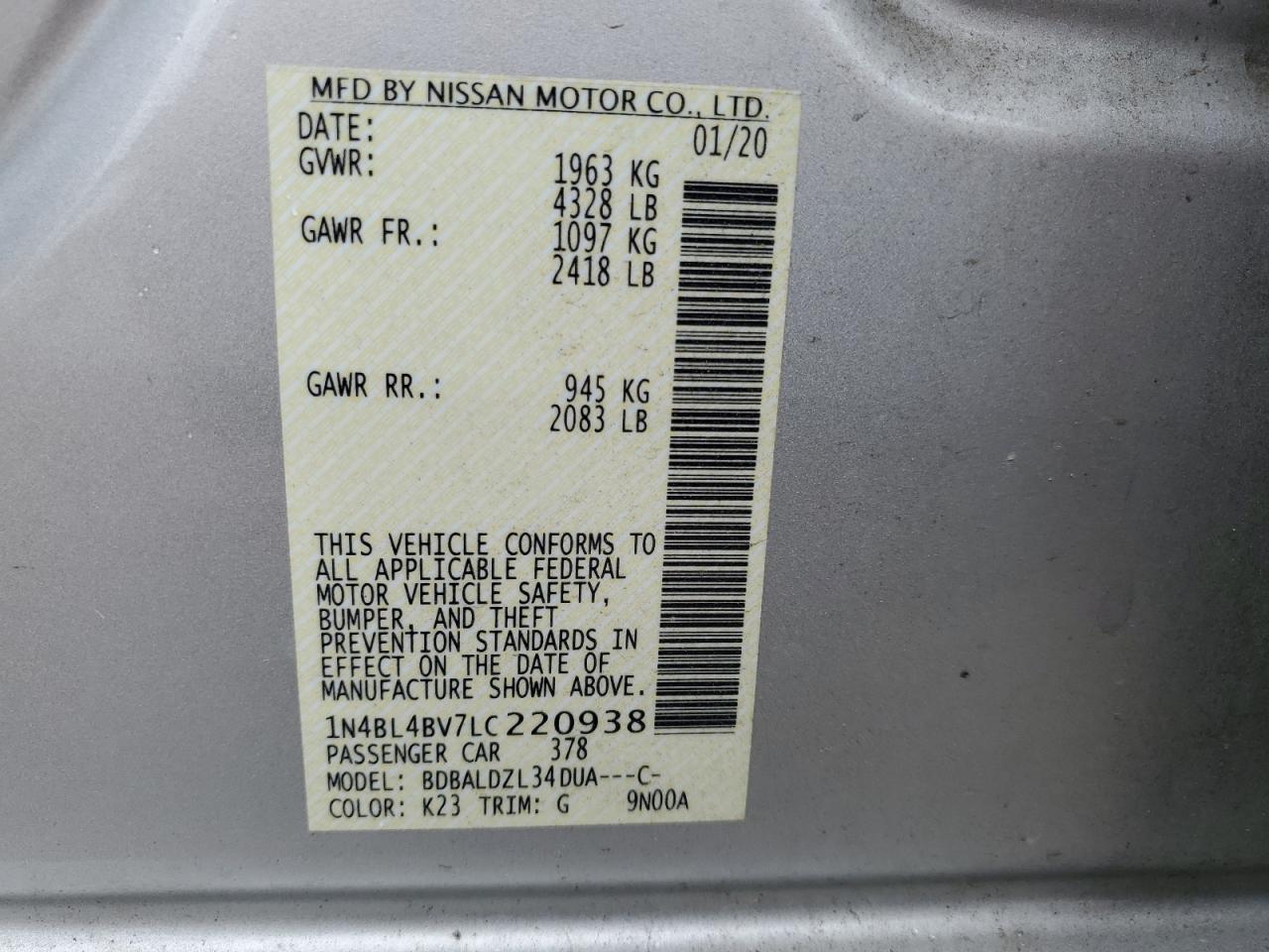 2020 Nissan Altima S VIN: 1N4BL4BV7LC220938 Lot: 80781565