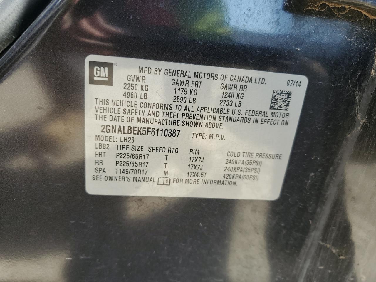 2015 Chevrolet Equinox Lt VIN: 2GNALBEK5F6110387 Lot: 80297395