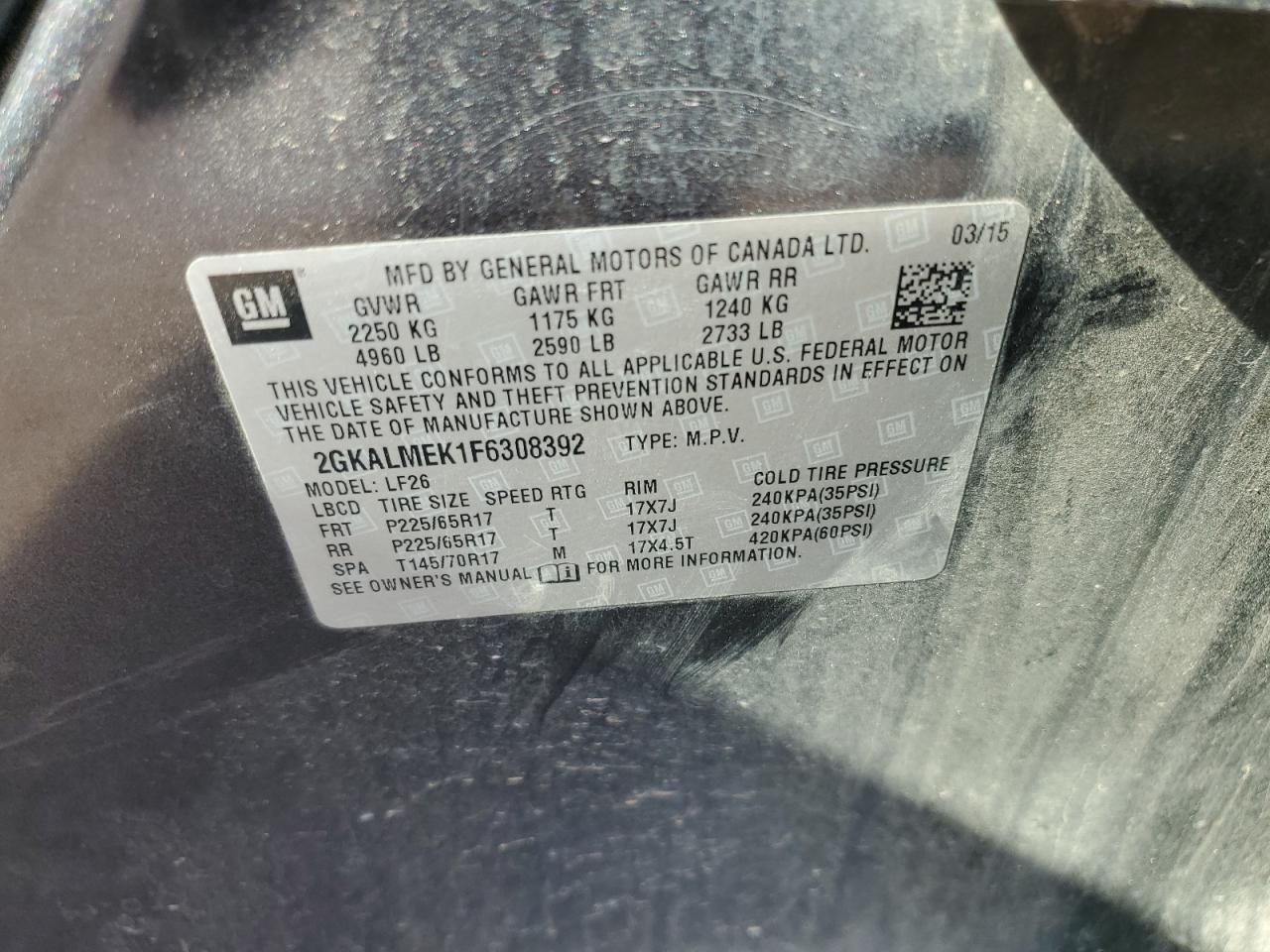 2015 GMC Terrain Sle VIN: 2GKALMEK1F6308392 Lot: 71869215