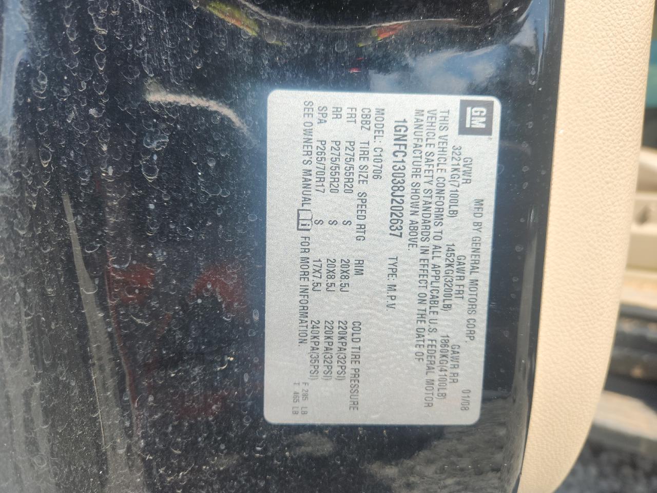 2008 Chevrolet Tahoe C1500 VIN: 1GNFC13038J202637 Lot: 80787065