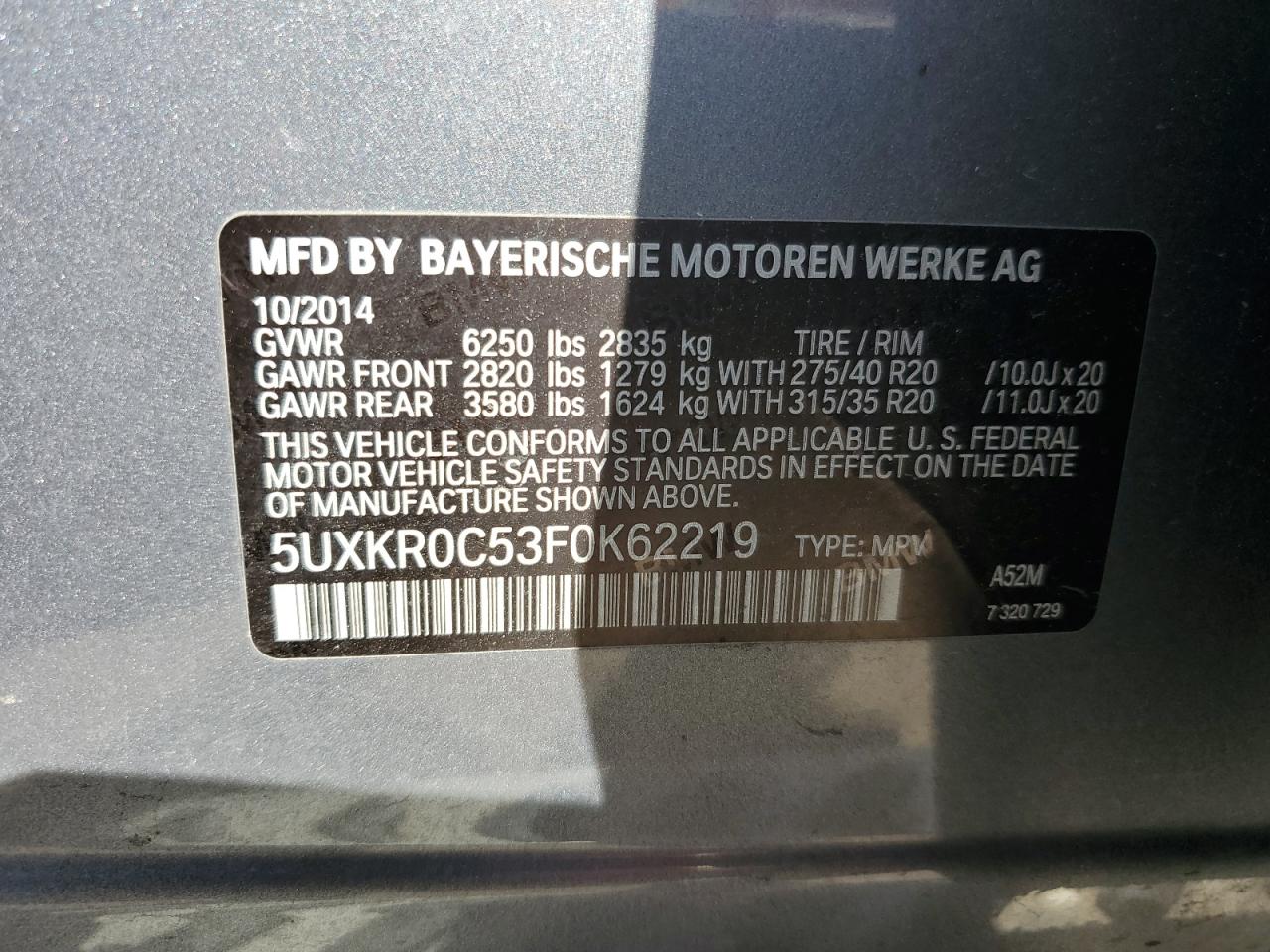 2015 BMW X5 xDrive35I VIN: 5UXKR0C53F0K62219 Lot: 80289045