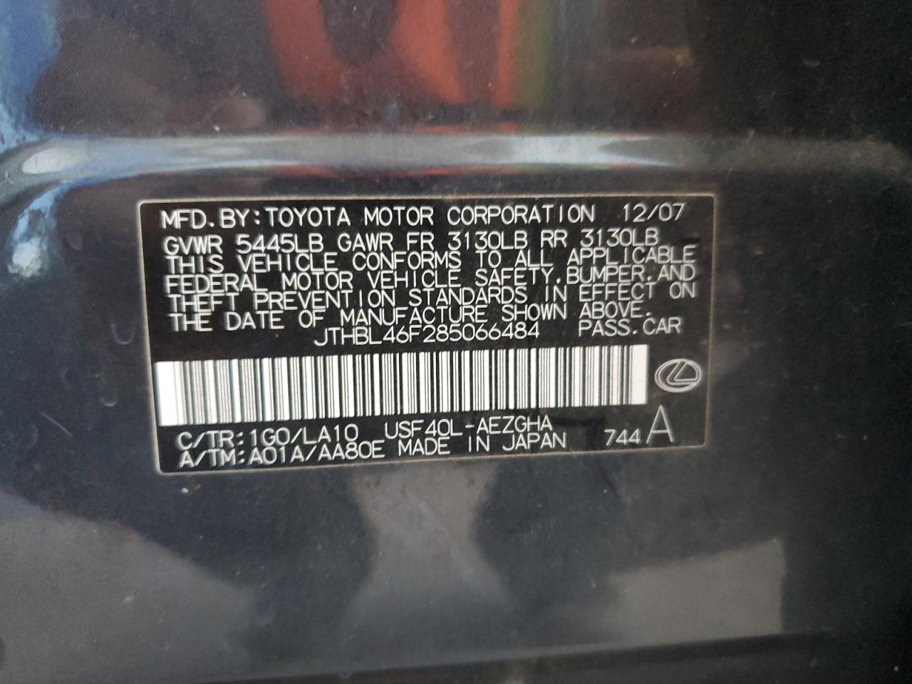 2008 Lexus Ls 460 VIN: JTHBL46F285066484 Lot: 81069675