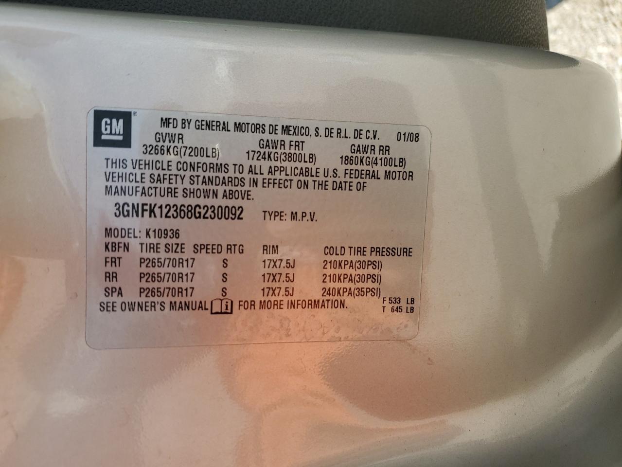 2008 Chevrolet Avalanche K1500 VIN: 3GNFK12368G230092 Lot: 80815495