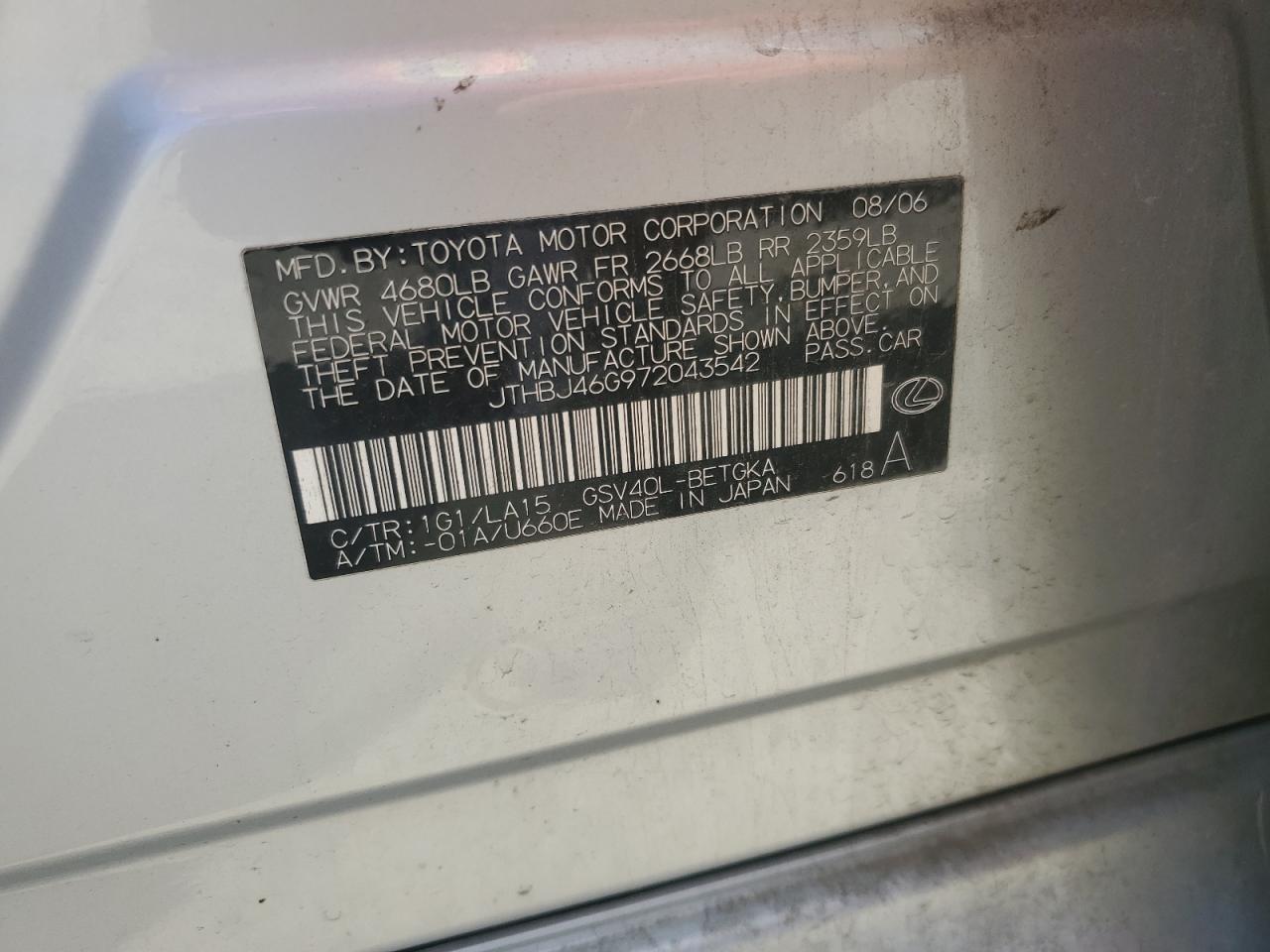 2007 Lexus Es 350 VIN: JTHBJ46G972043542 Lot: 84551415