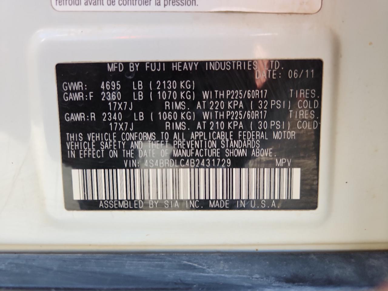 2011 Subaru Outback 3.6R Limited VIN: 4S4BRDLC4B2431729 Lot: 84279055