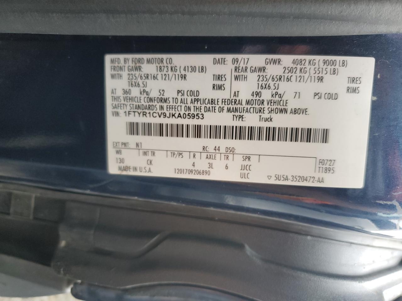 2018 Ford Transit Van T-250 Me VIN: 1FTYR1CV9JKA05953 Lot: 81373915