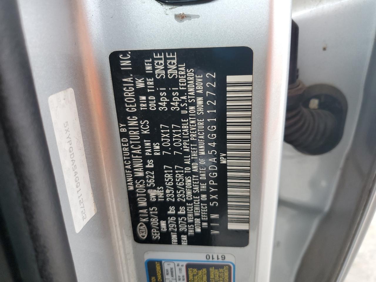 2016 Kia Sorento Lx VIN: 5XYPGDA54GG112722 Lot: 83763655