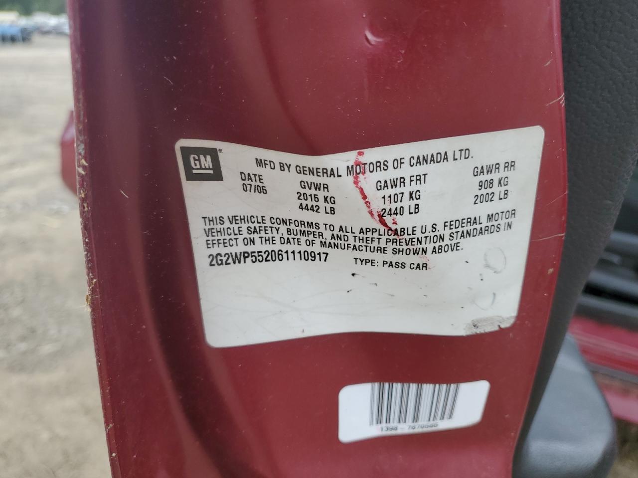 2006 Pontiac Grand Prix VIN: 2G2WP552061110917 Lot: 81817895