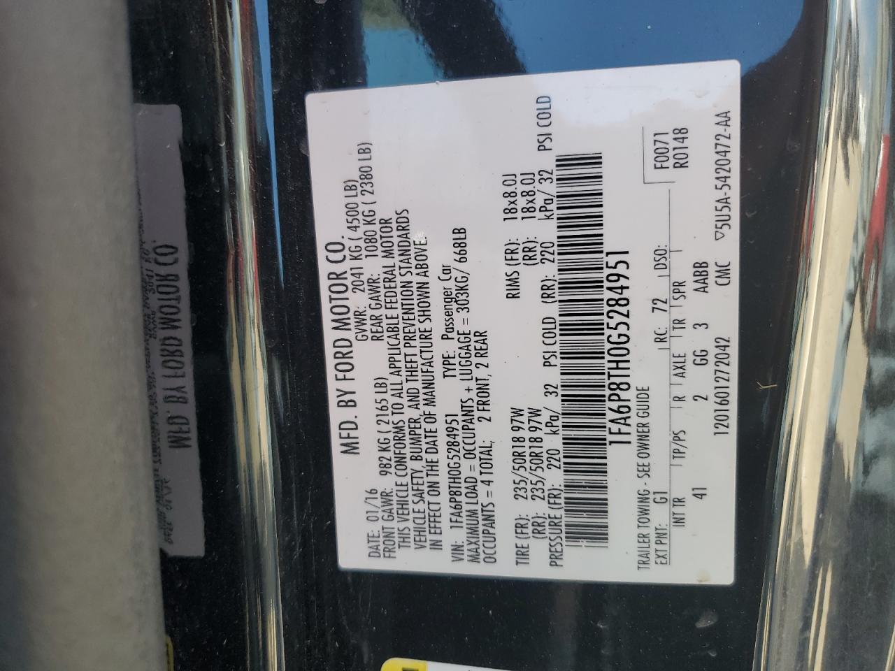 2016 Ford Mustang VIN: 1FA6P8TH0G5284951 Lot: 81880465