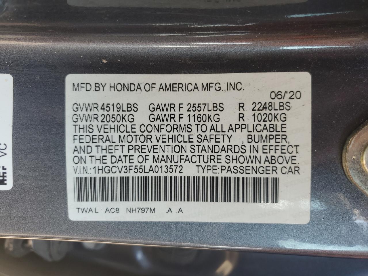 2020 Honda Accord Hybrid Exl VIN: 1HGCV3F55LA013572 Lot: 80645485