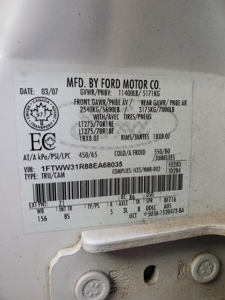 2008 Ford F350 Srw Super Duty VIN: 1FTWW31R88EA68035 Lot: 81714605
