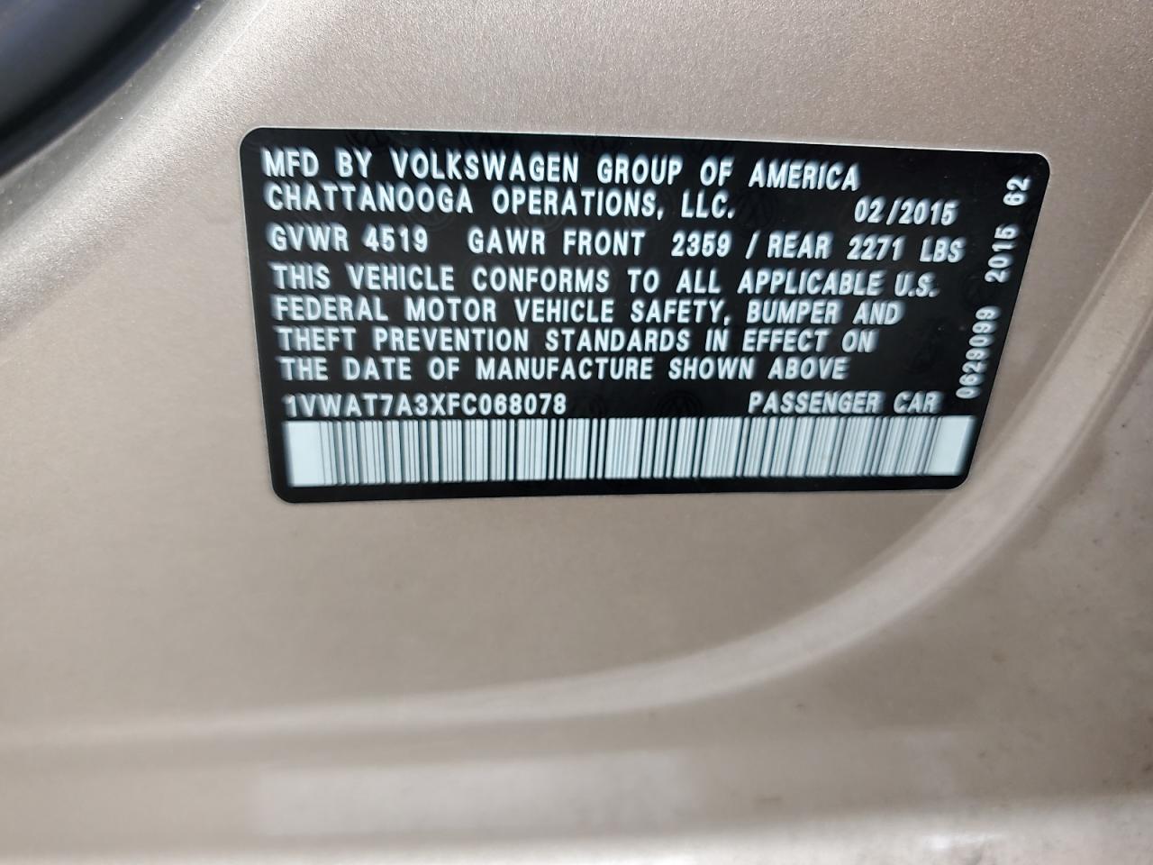 2015 Volkswagen Passat S VIN: 1VWAT7A3XFC068078 Lot: 80869105