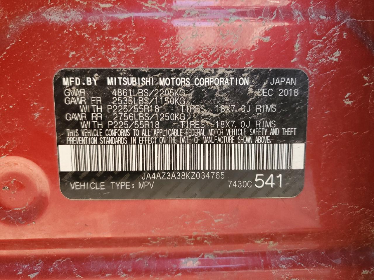 2019 Mitsubishi Outlander Se VIN: JA4AZ3A38KZ034765 Lot: 80050595