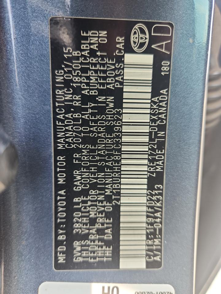 2015 Toyota Corolla L VIN: 2T1BURHE8FC339623 Lot: 82120395