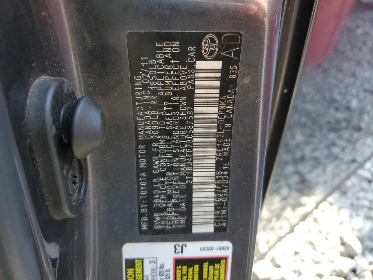 2011 Toyota Corolla Base VIN: 2T1BU4EE7BC587587 Lot: 80132085